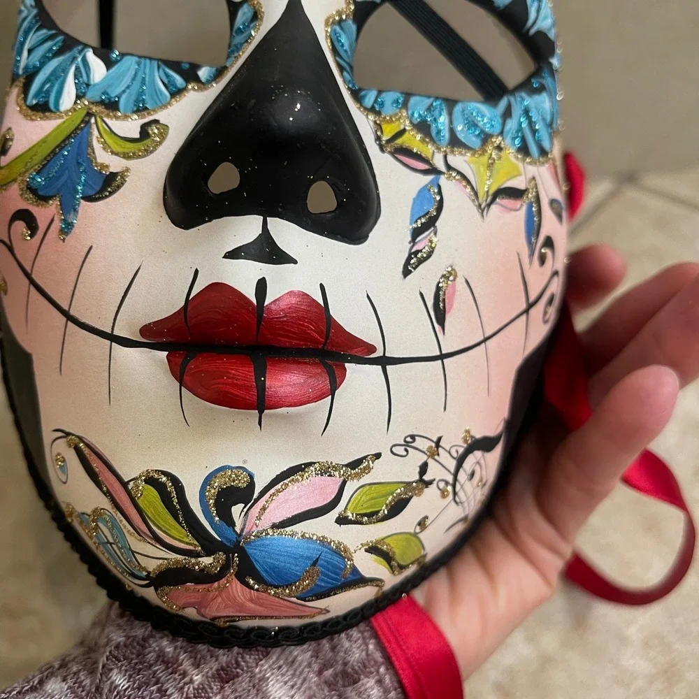 Day of the Dead New Hand Painted Italian Masquerade Mask Red Rose Blue‎ Flowers